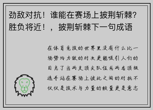 劲敌对抗！谁能在赛场上披荆斩棘？胜负将近！，披荆斩棘下一句成语